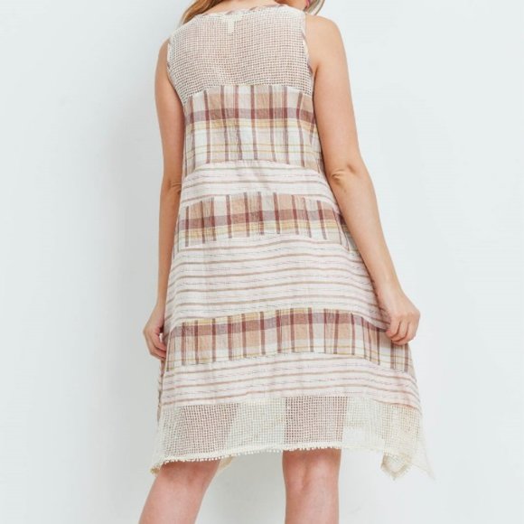 Handkerchief Hem Mesh Detail Mixed Plaid Dress - Picture 3 of 14